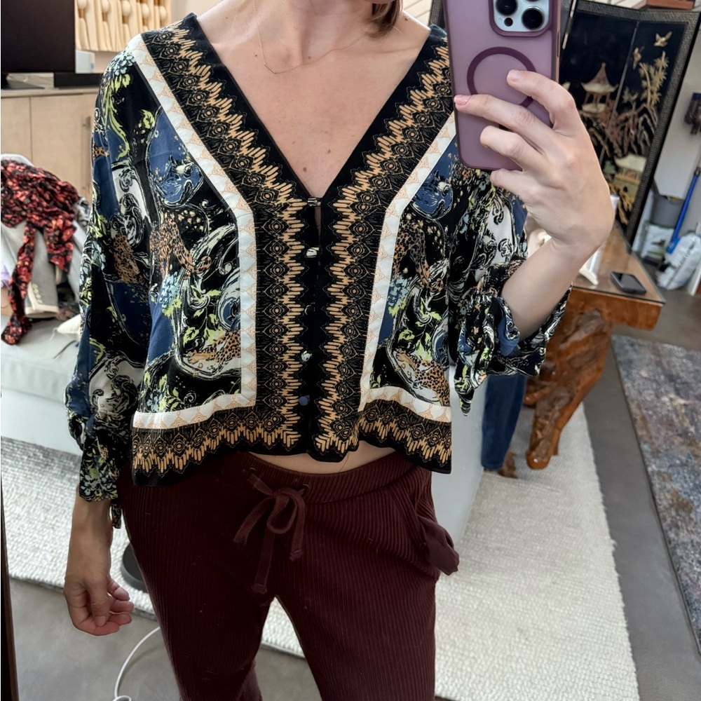 Free People Black and Gold V-Neck Blouse